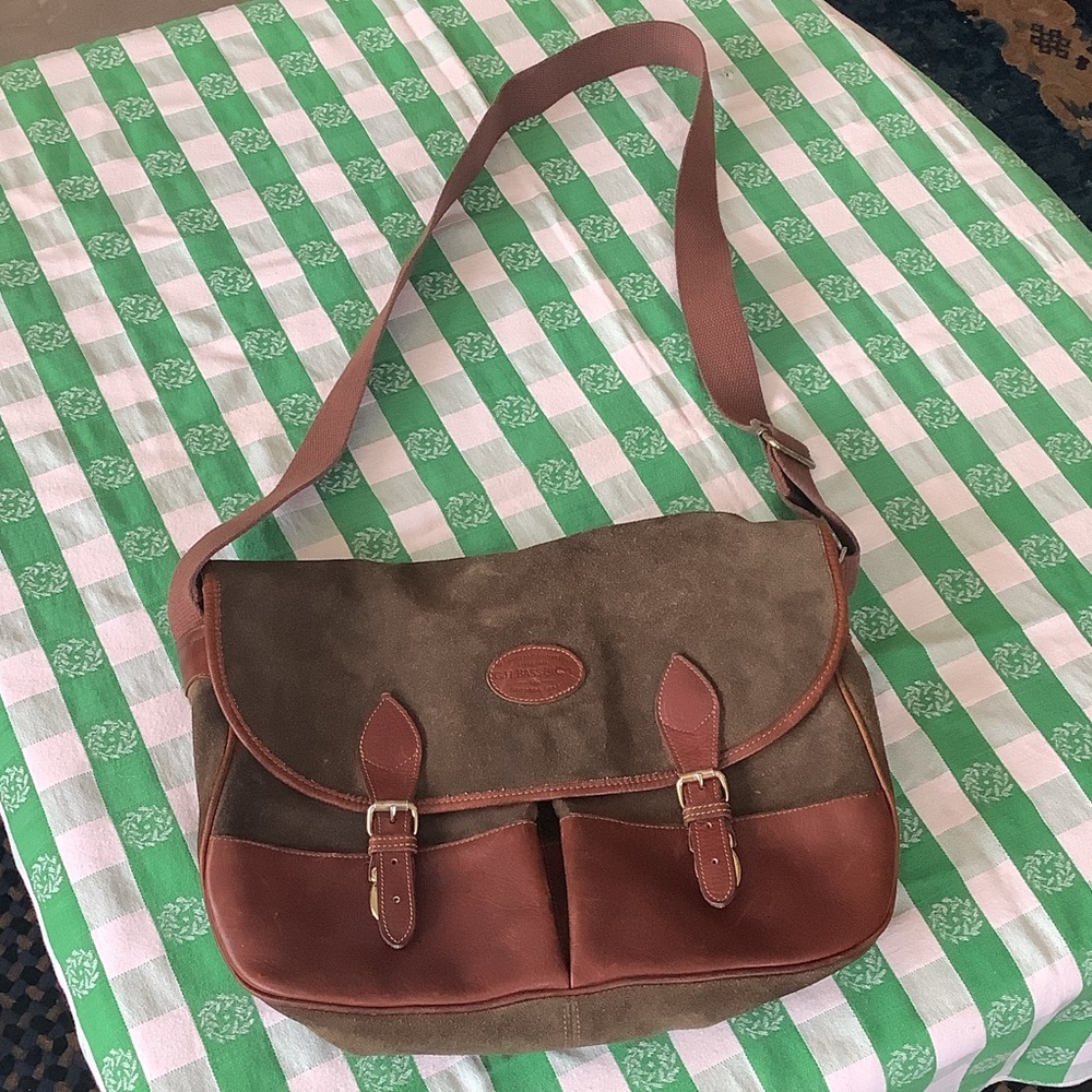 G.H. Bass heavy duty leather and suede satchel woven twill strap
